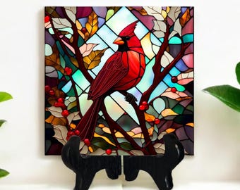 Cardinal Stained Glass Ceramic Tile Keepsake: Birthday Bird Lover Gift, Cardinal Memorial, Garden Tile