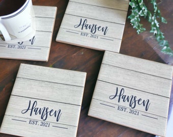 Custom Last Name Coaster Set, Established Coasters, Table Coasters, Wedding Gift Couple, Family Gift Ideas, Newlywed Gifts