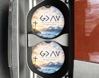 God is Greater Car Coasters, Cross Mountains & Waves, Christian Religious Gift Women, New Car Decor (sandstone or rubber)