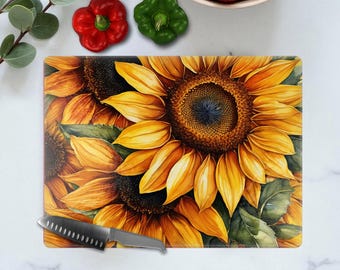 Sunflower Decorative Glass Cutting Board: Yellow & Green Kitchen Home Decor, Charcuterie Board, Birthday Closing Gift