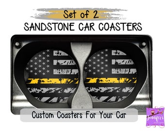 Thin Gold Line Flag Car Coasters, Yellow Line Flag, 911 Dispatcher Gift, Emergency Dispatcher, Birthday Gift Idea, Police Fire Dispatcher