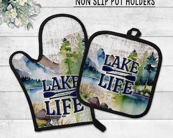 Toalla de cocina y agarraderas con temática de lago, decoración para cabañas junto al lago, regalo para anfitrionas de casas de lago, cocina con temática de lago, la vida es mejor en el lago.