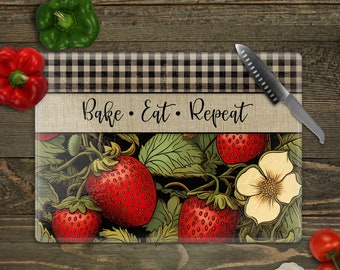 Bake Eat Repeat Strawberry Glass Cutting Board, Strawberry Fruit Kitchen Decor, Baker Gifts, Birthday Gift For Friend, To Mom From Kids