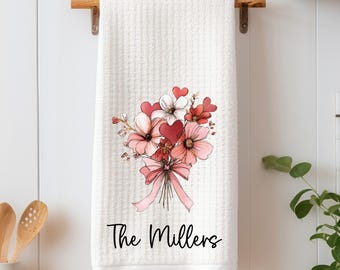 Floral Bouquet Personalized Kitchen Dish Towel: Pink Decorative Bathroom Hand Towel, 16x24 Waffle Weave
