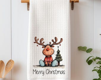 Paño de cocina personalizado con texto "Feliz Navidad": Paño de cocina con diseño de reno, regalo para anfitriona, regalo de amigo invisible, decoración de cocina invernal.