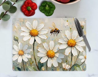 Daisy Bee Decorative Glass Cutting Board: Spring Floral Kitchen Counter Decor, Housewarming Gift, Mother's Day Gift