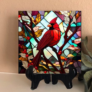 Cardinal Stained Glass Ceramic Tile, Cardinal Gifts, Bird Lover Gift, Birthday Gift Wife, Christmas Gift Her, Cardinal Memorial, Garden Tile image 1