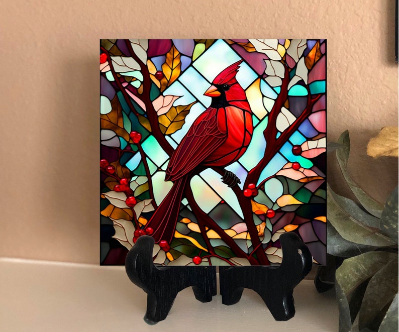 Cardinal Stained Glass Ceramic Tile, Cardinal Gifts, Bird Lover Gift, Birthday Gift Wife, Christmas Gift Her, Cardinal Memorial, Garden Tile image 1