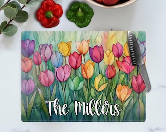 Personalized Tulip Decorative Cutting Board: Floral Spring Kitchen Counter Decor,  Thank You Hostess Gift, Sizes 8x11 & 11x15