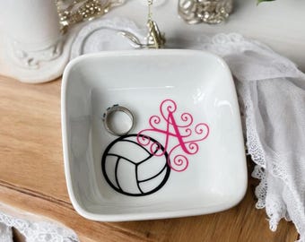 Monogrammed Volleyball Jewelry trinket Dish: Personalized Ring Necklace Holder, Volleyball Team Coach Gifts