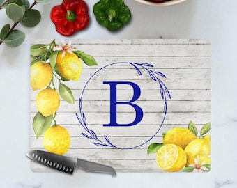 Lemon Monogrammed Wreath Decorative Glass Cutting Board: Custom Yellow Kitchen Home Decor, Birthday Gifts