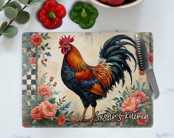 Personalized Farmhouse Chicken Glass Cutting Board: Country Kitchen New Home Decor, Birthday Gift Her