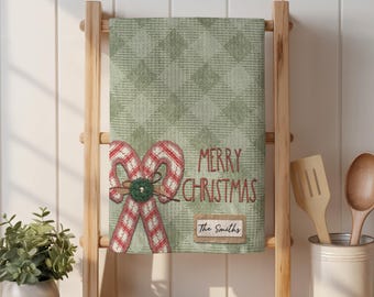 Paño de cocina personalizado con diseño de bastón de caramelo: toalla de mano navideña, regalo para anfitriona, regalo personalizado para la familia, decoración navideña estilo granja.