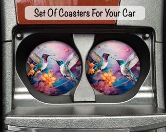 Colorful Hummingbird Floral Car Coaster Set: Sandstone, Rubber, Hardboard- Bird Lover Gifts, Hummingbird Car Decor, Secret Santa Gifts