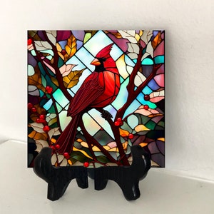 Cardinal Stained Glass Ceramic Tile, Cardinal Gifts, Bird Lover Gift, Birthday Gift Wife, Christmas Gift Her, Cardinal Memorial, Garden Tile image 2