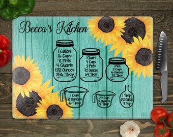 Personalized Sunflower Cutting Board, Sunflower Kitchen Decor, Sunflower Gifts, Kitchen Conversion Chart, Gift for Friend, Birthday Gift Her