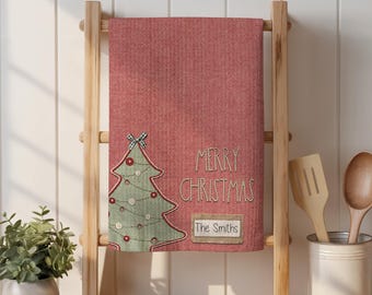 Paño de cocina personalizado con forma de árbol de Navidad: Toalla de mano navideña, regalo para anfitrionas, regalo personalizado para la familia, decoración navideña de estilo rústico.