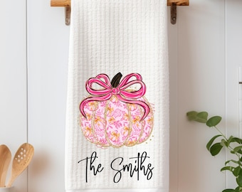 Paño de cocina personalizado de calabaza otoñal rosa: decoración otoñal personalizada, paño de cocina chinoiserie rosa, regalo de inauguración de la casa.