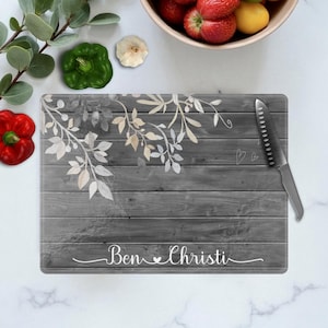 Farmhouse Kitchen Gray Floral Glass Cutting Board: Personalized with Name, Size 8x11 or 11x15, Nonslip Rubber Feet