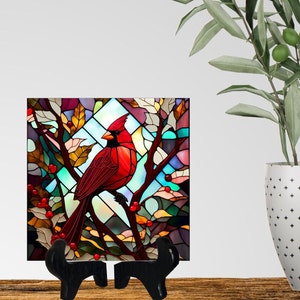 Cardinal Stained Glass Ceramic Tile, Cardinal Gifts, Bird Lover Gift, Birthday Gift Wife, Christmas Gift Her, Cardinal Memorial, Garden Tile image 8