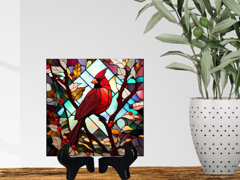 Cardinal Stained Glass Ceramic Tile, Cardinal Gifts, Bird Lover Gift, Birthday Gift Wife, Christmas Gift Her, Cardinal Memorial, Garden Tile image 8