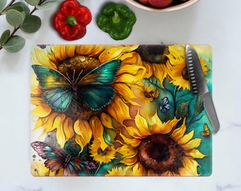 Planche à découper décorative en verre papillon tournesol : décoration de cuisine jaune pour la maison neuve, cadeau d'anniversaire pour elle