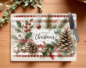 Merry Christmas Holiday Glass Cutting Board: Size 8x11 or 11x15, Nonslip Rubber Feet, Holiday Charcuterie Board, Hostess Gift, Home Decor