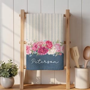 Personalized Spring Floral Towel Matching Pot Holders, Pink Blue Farmhouse Spring Kitchen, Mother's Day Gift, Housewarming