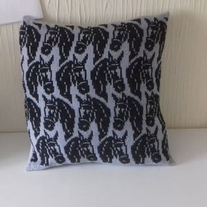 Handmade knitted Horses head image cushion cover with infill.