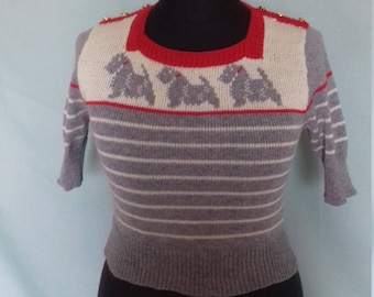 Handmade knitted square neck reproduction 1940s jumper with Westie motif.