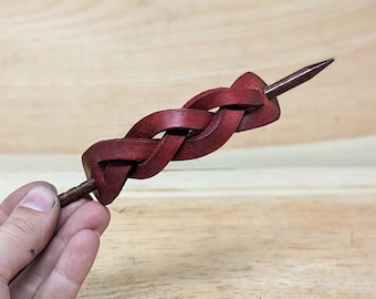 Customizable Braided Genuine Leather Hair Barrette With Solid Wood Pin