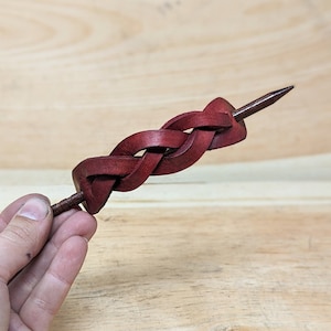 Customizable Braided Genuine Leather Hair Barrette With Solid Wood Pin