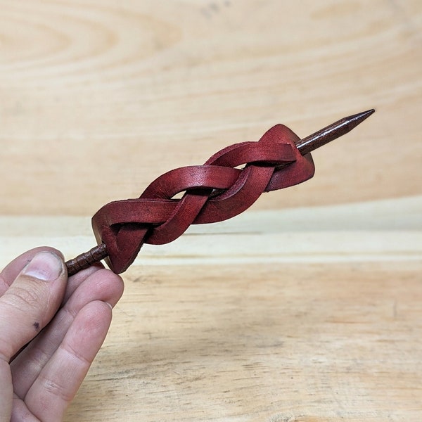 Customizable Braided Genuine Leather Hair Barrette With Solid Wood Pin