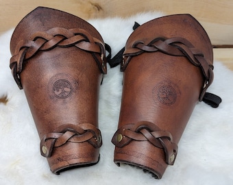 Braided Leather Bracers: Women&#39;s Tree of Life Vambraces, Renaissance LARP Armor
