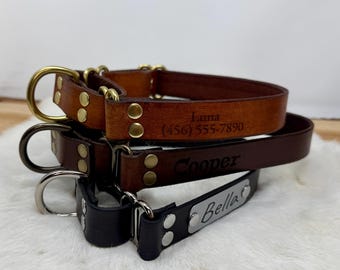 Personalized  1" Wide Leather Martingale Dog Collar With Optional Name plate