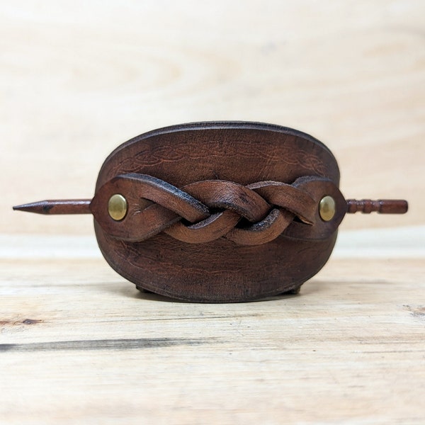 Customizable Oval Genuine Leather Hair Barrette With Braid & Solid Wood Pin