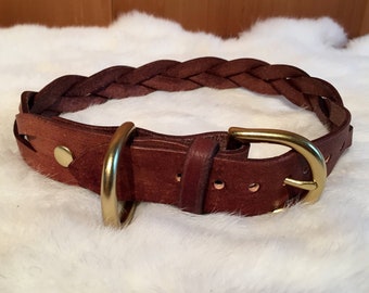 Braided, Personalized 1" Wide Leather Dog Collar With Traditional Buckle With Optional Name plate
