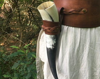 Braided Leather Drinking Horn Holder Belt Frog (And Optional Drinking Horn)
