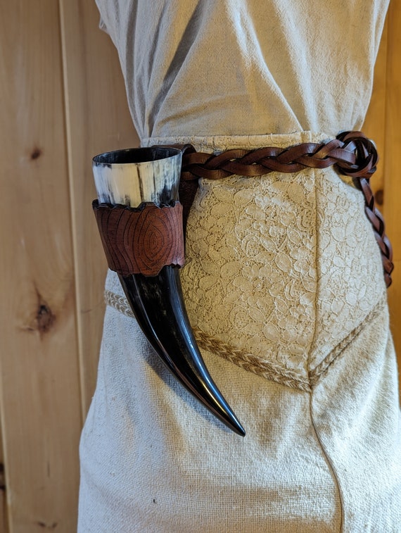 Leather "Wood Bark" Drinking Horn Holder Belt Frog (And Optional Drinking Horn)