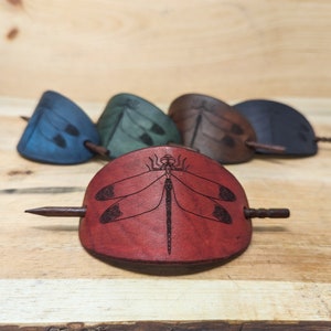 Customizable Dragonfly Genuine Leather Hair Barrette With Solid Wood Pin