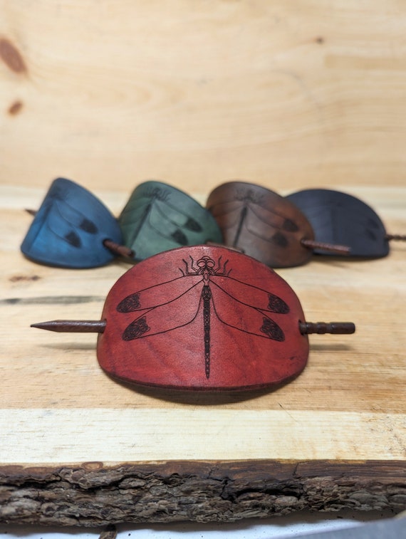 Customizable Dragonfly Genuine Leather Hair Barrette With Solid Wood Pin