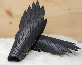 Original Raven Wing Leather Bracers: Forearm Armor, Customizable Colors