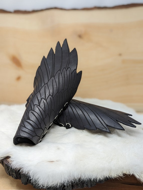 Original Raven Wing Leather Bracers/Vambraces Fore Arm Armor (Customize Your Pair With Your Choice of Multiple Leather And Metal Colors)