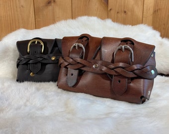 Wide Braided Leather Belt Pouch with Buckles