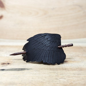 Customizable Raven Wing Leather Hair Barrette With Oak Pin