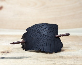 Customizable Leather Raven Wing Hair Barrette with Oak Pin, Handmade Dark Cottagecore Accessory