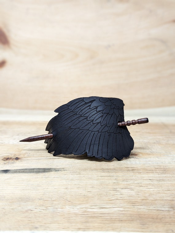 Customizable Raven Wing Leather Hair Barrette With Oak Pin (Personalize Yours With Your Choice of Leather And Metal Color)