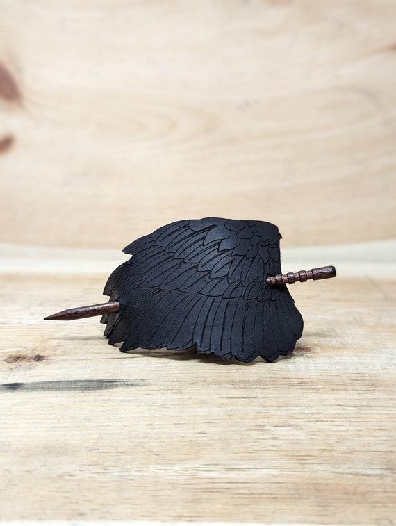 Customizable Raven Wing Leather Hair Barrette With Oak Pin