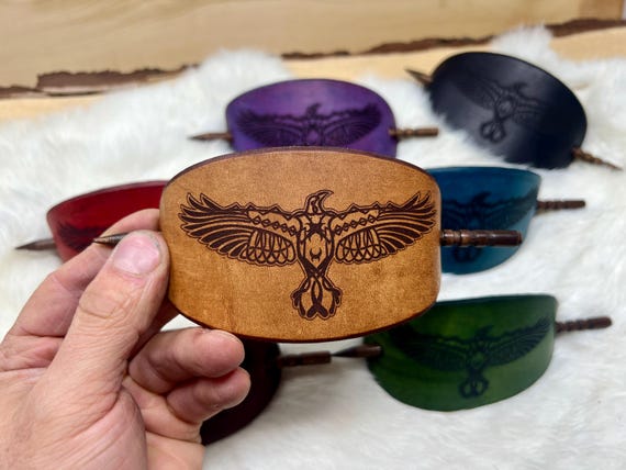 Raven Leather Hair Barrette with Wood Pin - Customizable Colors