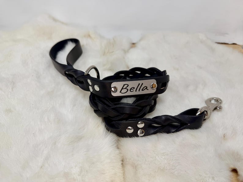 Braided, Personalized Leather Dog Leash With Optional Name plate (Multiple Leather & Metal Colors) image 9